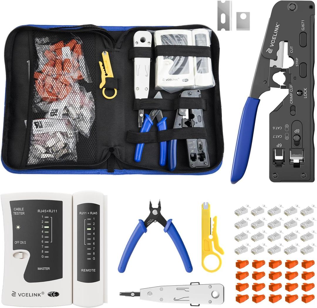 VCELINK RJ45 Crimp Tool, All-In-One Ethernet Pass Through Crimper for CAT7 CAT6A CAT6 CAT5e CAT5 Ethernet Connectors by Screw Adjustment (Kit-with Punch down Tool)