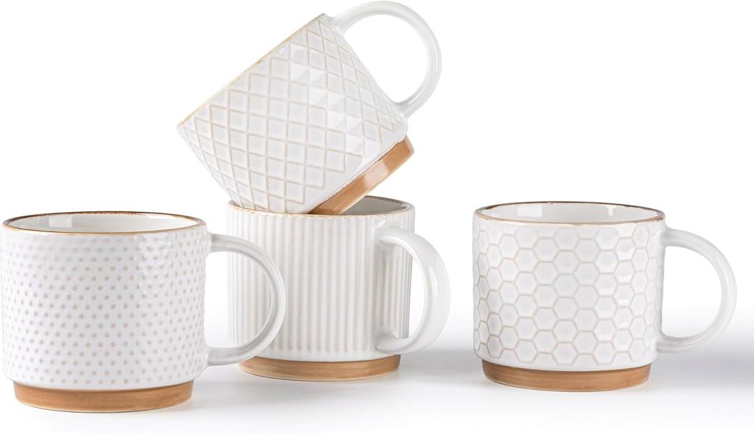 GBHOME 6OZ Stackable Coffee Mugs, Ceramic Coffee Mugs with Texture Patterns for Man,Woman,Dad,Mom, Modern Coffee Cups Set of 4 for Espresso/Cappuccino. Dishwasher and Microwave Safe, Off White 