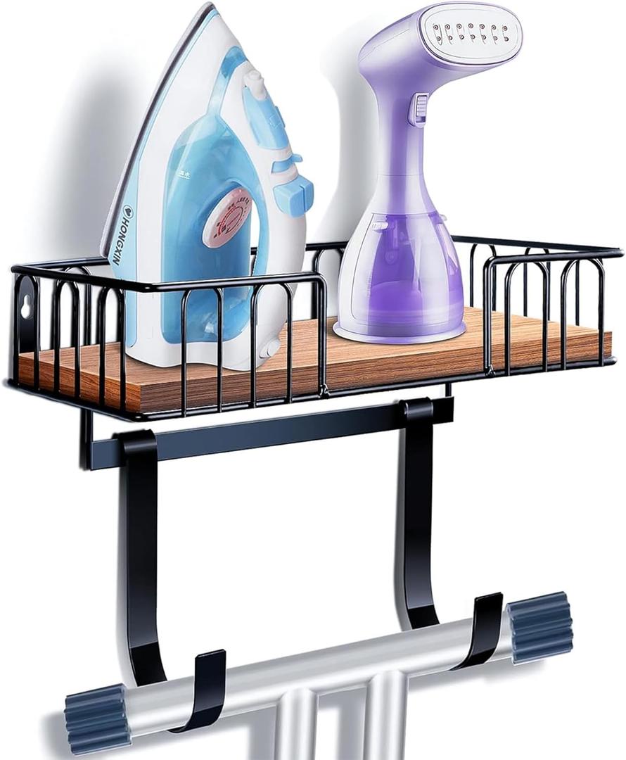 TJ.MOREE Ironing Board Hanger Metal Wall Mount Iron and Ironing Board Holder, Laundry Room Decor and Storage with Large Storage Black (Pinewood)