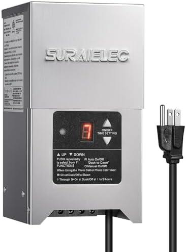SURAIELEC Low Voltage Landscape Transformer, 300W Outdoor Light Transformer with Timer and Photocell Sensor, 120V to 12V 15V AC Multi Tap, Waterproof Power Supply, Stainless Steel Housing, ETL Listed