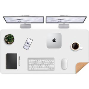 Leather Desk Protector, 47in*23.7in Large Mat with Natural Cork & PU Leather, Mouse Pad, Non-Slip Office Mat, Waterproof Writing Pad for Office and Home (Ivory White), 47in*23in