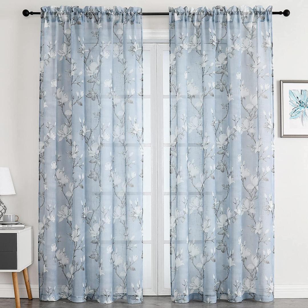 SMILE WEAVER Sheer Curtains 84 inches Length for Living Room 2 Panels,Blue Light Filtering Curtains,Floral Semi Sheer Curtain Voile Linen Textured Rod Pocket Kitchen Window Drapes for Bedroom
