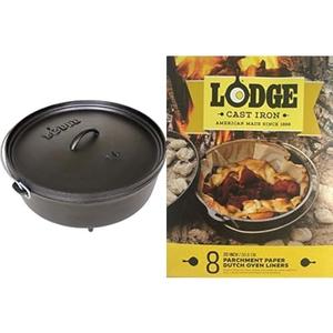 Lodge 6 Quart Pre-Seasoned Cast Iron Camp Dutch Oven with Lid - Dual Handles - Use in the Oven, on the Stove, on the Grill or over the Campfire - Black + Parchment Paper Dutch Oven Liners 7 x 5 x 1