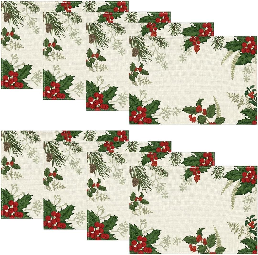 Artoid Mode Holly Pine Cone Christmas Placemats Set of 8, 12x18 Inch Seasonal Winter Table Mats for Party Kitchen Dining Decoration (Red/Green)