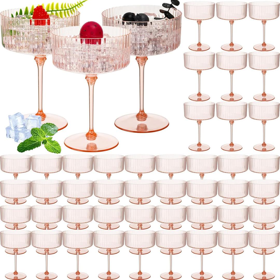 Jingmore 48 Pcs Ribbed Martini Glasses 10 oz Disposable Plastic Vintage Ribbed Coupe Glasses Unbreakable Dessert Parfait Glassware for Wedding Birthday Party Supplies (Champagne Powder)