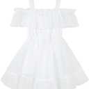 AGQT Toddler Girls Floral Print Dress Chiffon Off Shouler Casual Dress Ruffle Hem Tunic Dress Size 1-8T (7-8 Years, 7263a1# White Solid Polka Dot-off Shoulder)