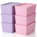 Menkxi 6 Pcs Storage Bins with Lids Small Plastic Storage Containers Stackable Storing Baskets Box Cute Organizer Bins for Organizing Shelves (Pink,Purple)