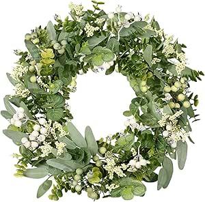 Vlorart Artificial Spring Summer Christmas Greenery Wreaths for Front Door Green Eucalyptus Leaf Wreath Decor Boxwood with Big Berries for Farmhouse Outside Year Round