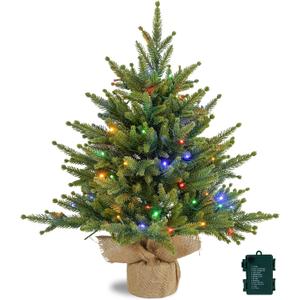 Prelighted Mini Christmas Tree 2 Ft with 70 LED Warm & Multi-Color Light, Artificial Small Xmas Tree with Timer 24 inch Tabletop Tree Christmas Decoration for Bedroom Fireplace Mantel