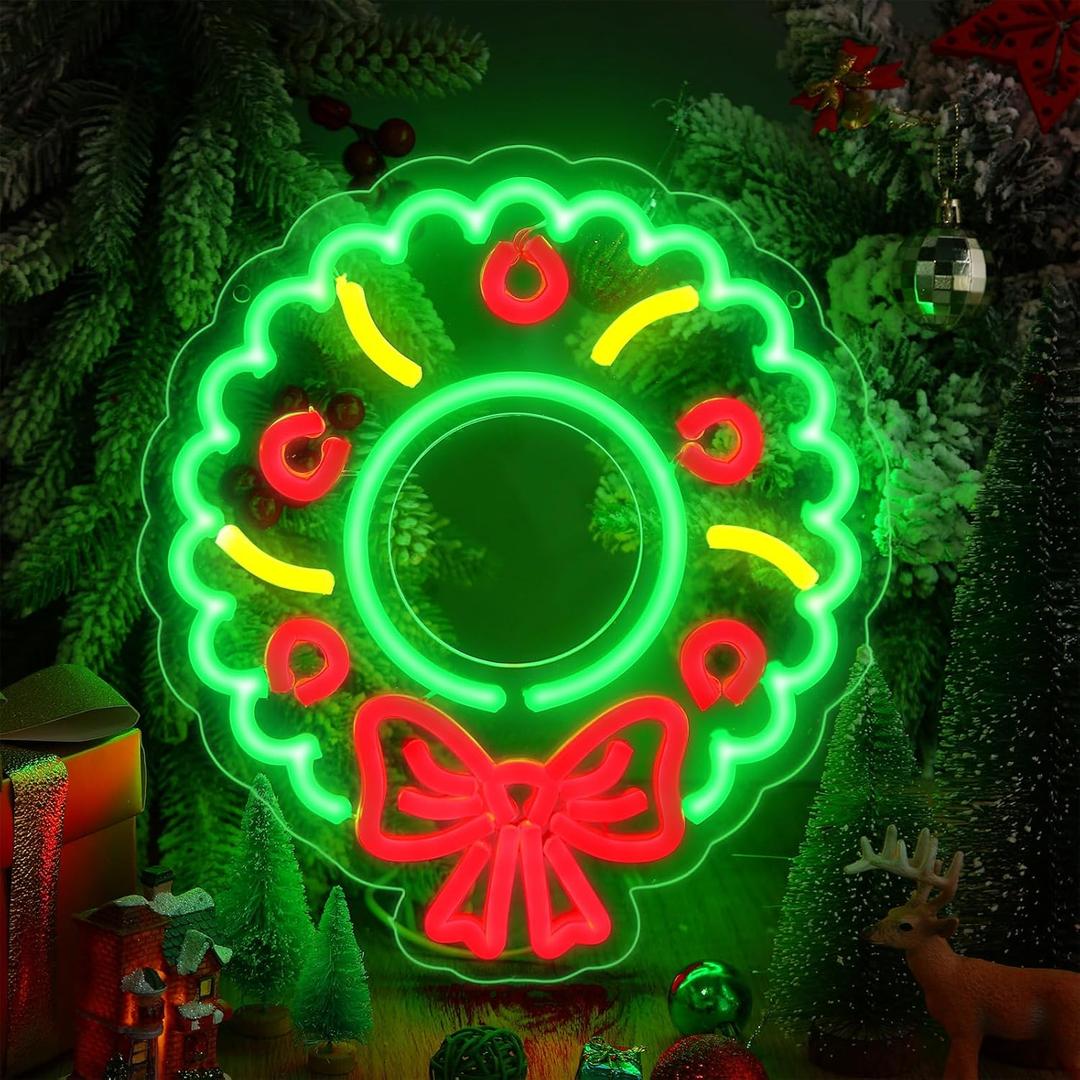 Christmas Neon Sign Dimmable Christmas LED Neon Light Wreath USB Powerd Neon Christmas Light Sign for Xmas Indoor Club Bar Pub Bedroom Art Wall Wedding Party Decor