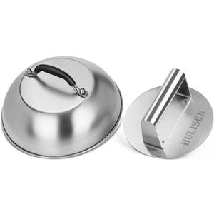 HULISEN Cheese Melting Dome & Smashed Burger Press, 6.2" Grill Press with 9" Basting Cover, Stainless Steel Burger Smasher, Griddle Accessories Kit for Flat Top Grill Cooking Indoor/Outdoor