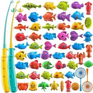 TEMI Fishing Toy Game for Kids 3 4 5 6 7 8 Years Old, 51 Fish Bath Playset for Toddlers, Toy Magnetic Rod and Fishing Net, Outdoor Water Toys for Kids Age 3-5, Party for Boy and Girl