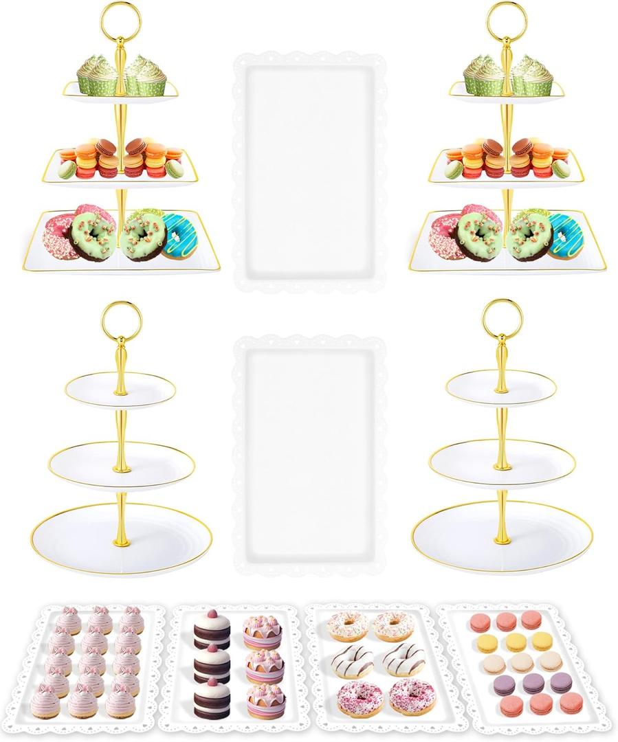 10 Pcs Cake Stand, Plastic Dessert Table Display Set, 4 Pcs 3 Tier Cupcake Stand Tower Holder and 6 Pcs Serving Tray for Tea Party Baby Shower Decorations, Round+Square