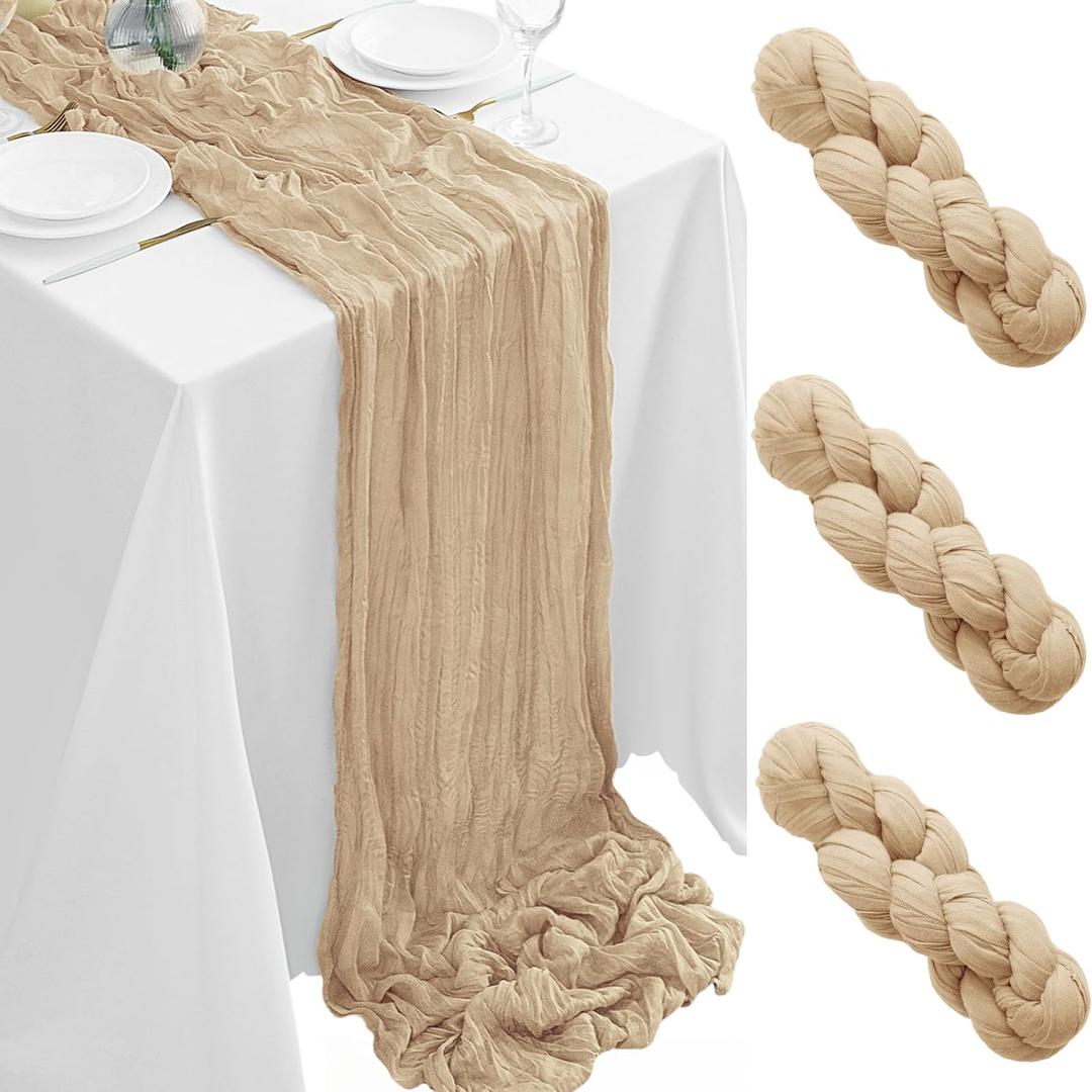 3Pack Beige Table Runner 35 x 120 inch Cheesecloth Table Runner 10FT Boho Table Runners Rustic Gauze Cheese Cloth Table Runners for Party Wedding Birthday Dining Bridal Shower Baby Shower Decor