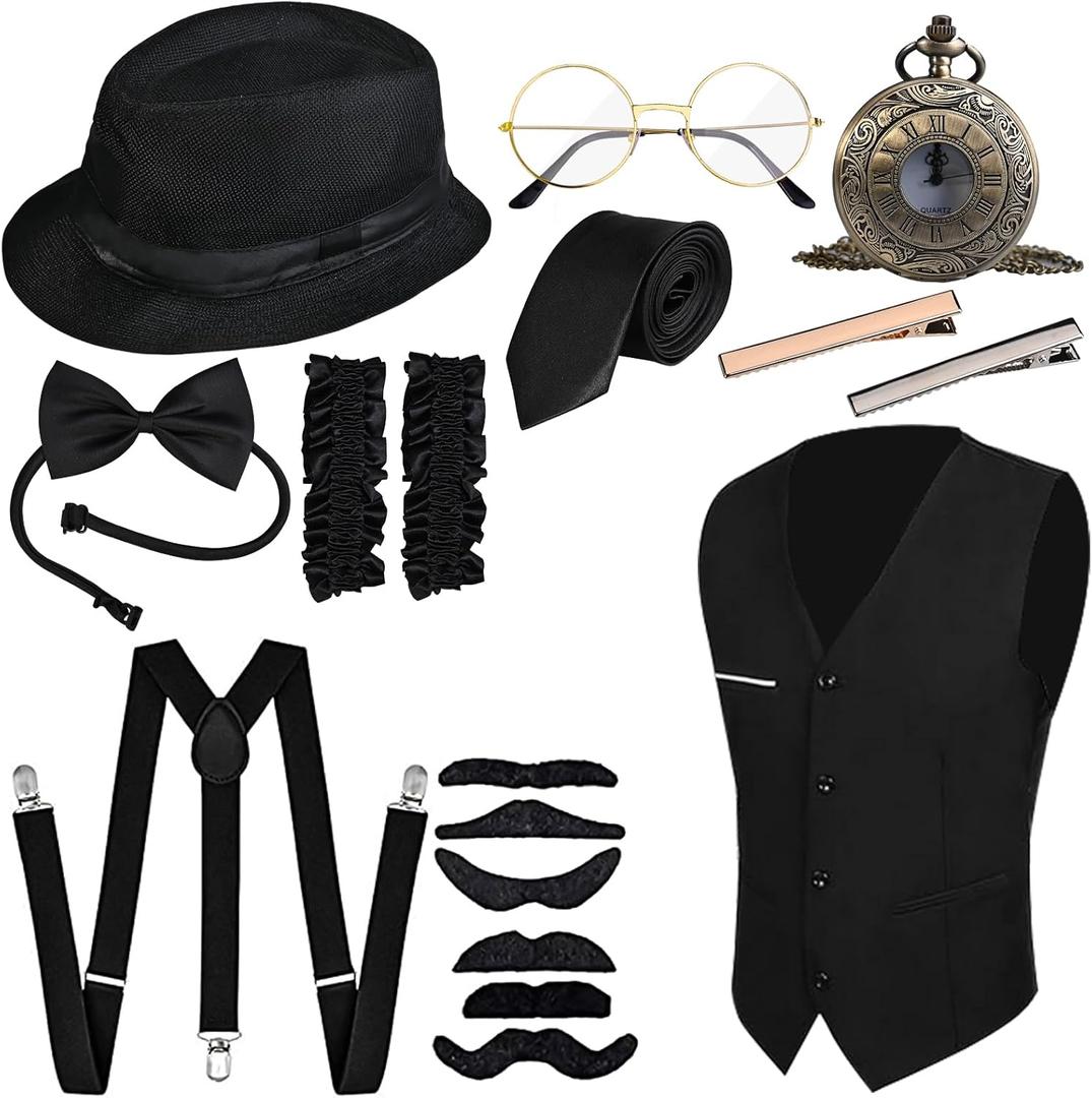 GOLDGE Gatsby-inspired 1920s Men's Costume Set with Gangster Vest, Pocket Watch, Hat, Suspenders Accessories for Halloween Cosplay or Retro Parties