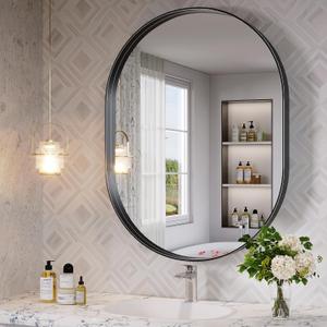 Black Oval Mirror for Bathroom, 24 x 32 Inch Oval Bathroom Vanity Mirror for Wall, Wall Mounted Metal Frame Mirror for Bedroom Living Room Entryway, Wall Decor, Hangs Horizontal or Vertical