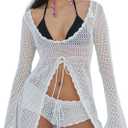 Women Crochet Tunic Beach Cover Up Sexy Front Slit Tie Waist Bikini Bathing Suit Long Sleeve Knit Top Cover Ups (Small, White)
