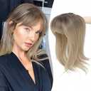 Ms Taj 18 Inch Hair Topper with Clip in Bangs, Synthetic Fluffy 4"x5" Layered Straight Toppers for Women, 360° 3D Cover Bangs Hairpiece for Thinning Hair(Ombre Brown Blonde)
