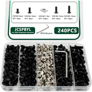 240 pcs M5 T Nut Screws Kit for 2020 2040 2080 Aluminum Extrusion, 120 pcs Black M5x8/10/12/14mm Hexagon Socket Screws and 120 pcs M5 Drop in T-Nuts with 1 pcs Hex Wrench