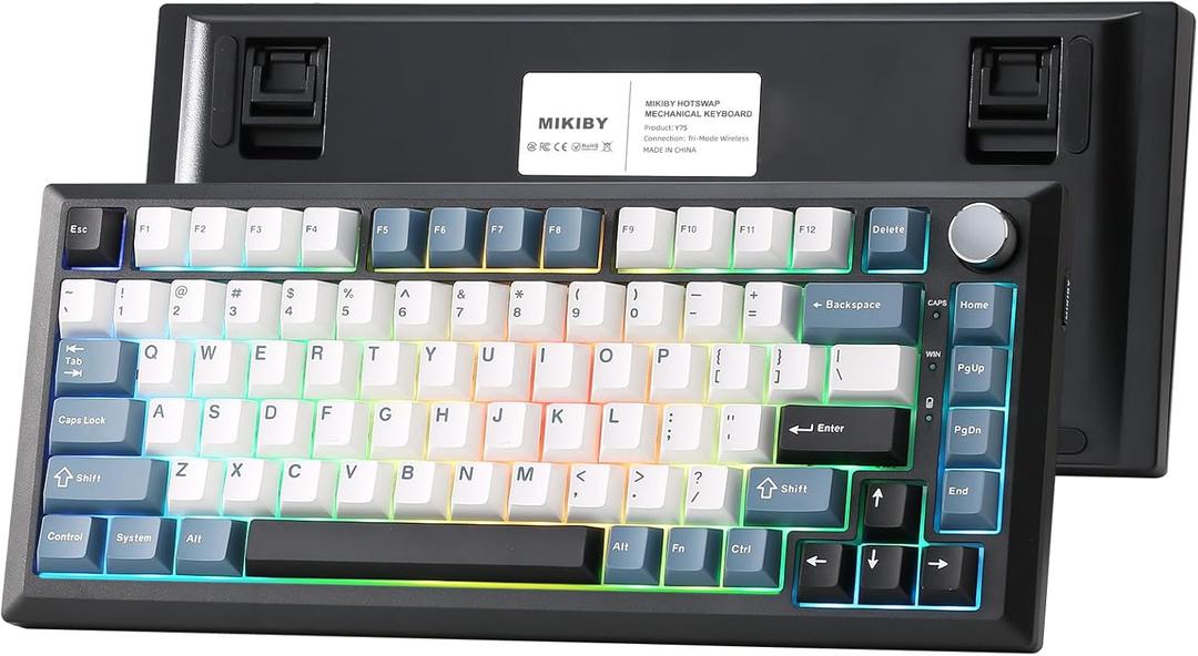 Y75 Gasket Wireless Mechanical Keyboard,75% Hot-Swappable with Knob, Tri-Mode,Creamy Pre-lubed Milk Linear Switches & Doubleshot PBT Keycaps, RGB, Win/Mac (Black & Blue)