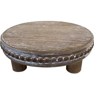 Farmhouse Beaded Wood Pedestal Tray Decor, 7.6 Round Vintage Display Stand, Decorative Accent Display Riser for Farmhouse Kitchen, Bathroom (Natural)