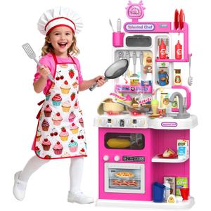 Kids Kitchen Playset, 36.22'' Play Kitchen for Toddlers 1-3 with Steam, Sound & Light, Cooking Stove, Play Sink, Oven and Toy Kitchen Accessories, Kitchen Set for Toddlers Girls 3 4 5 (Pink)