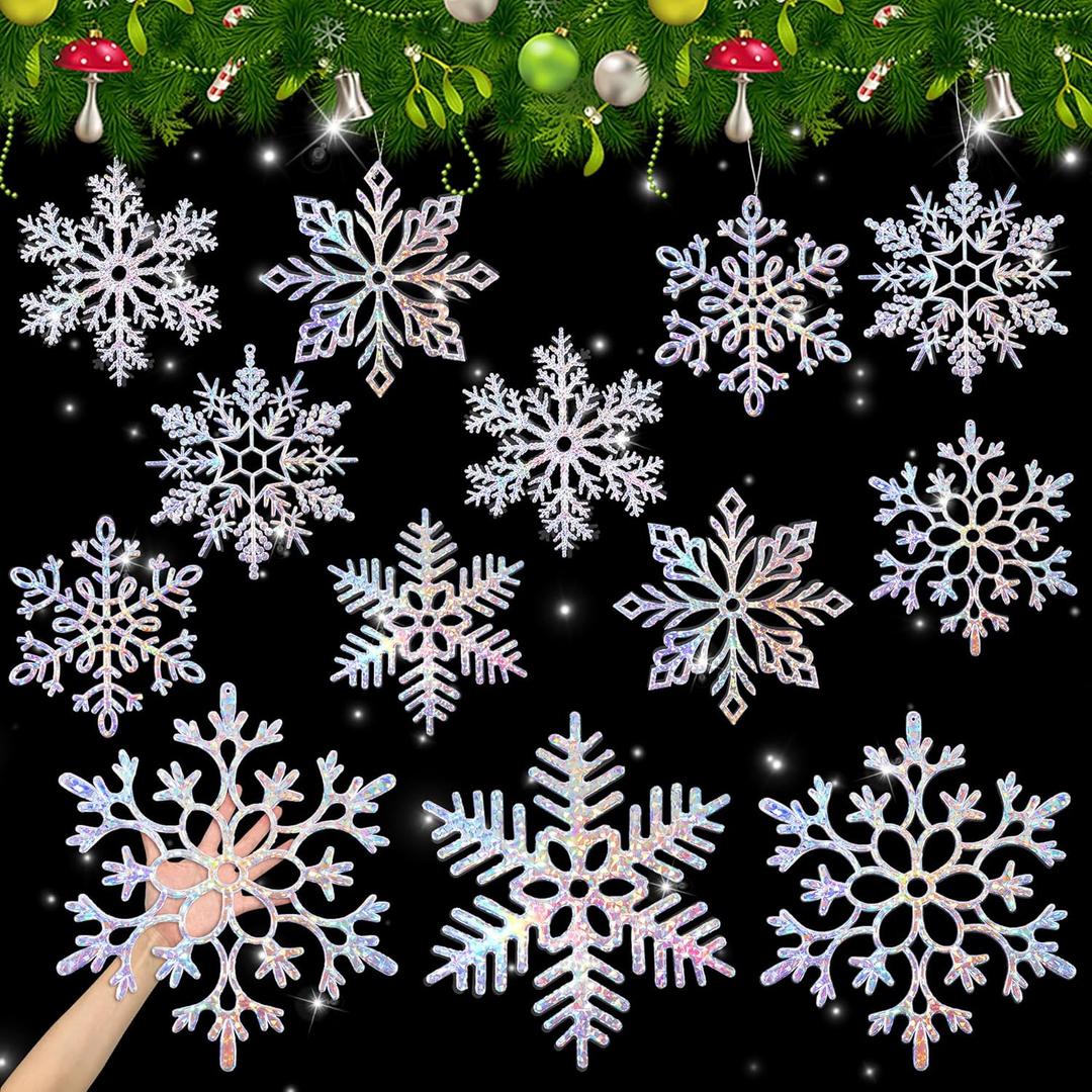 Fovths 12 Pieces Large lridescent Snowflake Ornaments 12 Inches Plastic Christmas Snowflakes Decorations Glittered Hanging Snowflakes for Christmas Tree Decorations Indoor Outdoor Window