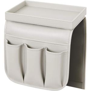 Couch Remote Caddy Control Holder Sofa Synthetic PU Leather Organizer with Detachable Tray for Recliner Chair Armrests with 4 Slots - 1 Large Pockets and 3 Small Pockets (Grey) (Gray)