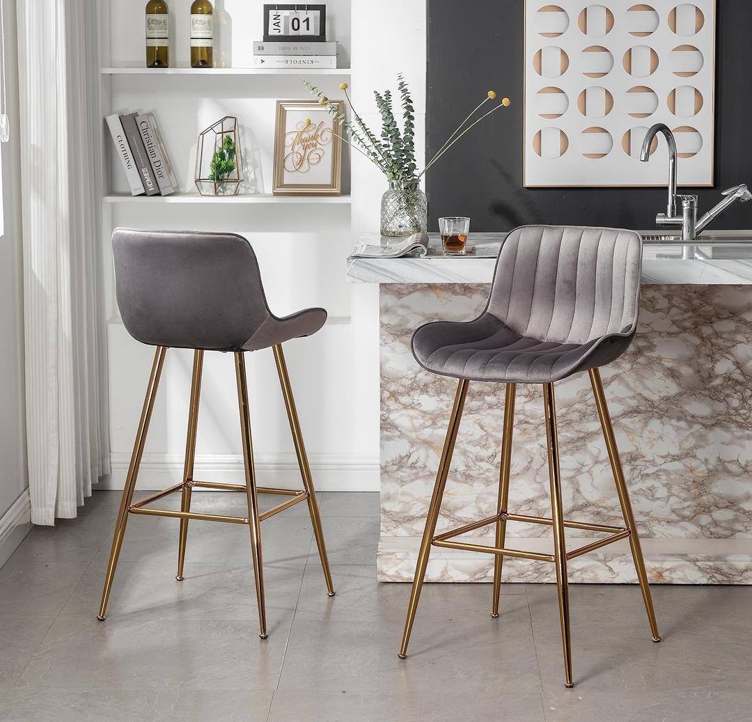 Sidanli Gold Bar Stools Set of 2, 29 Velvet Barstools, Kitchen Chairs for Bar Height with Back and Footrest, Gray