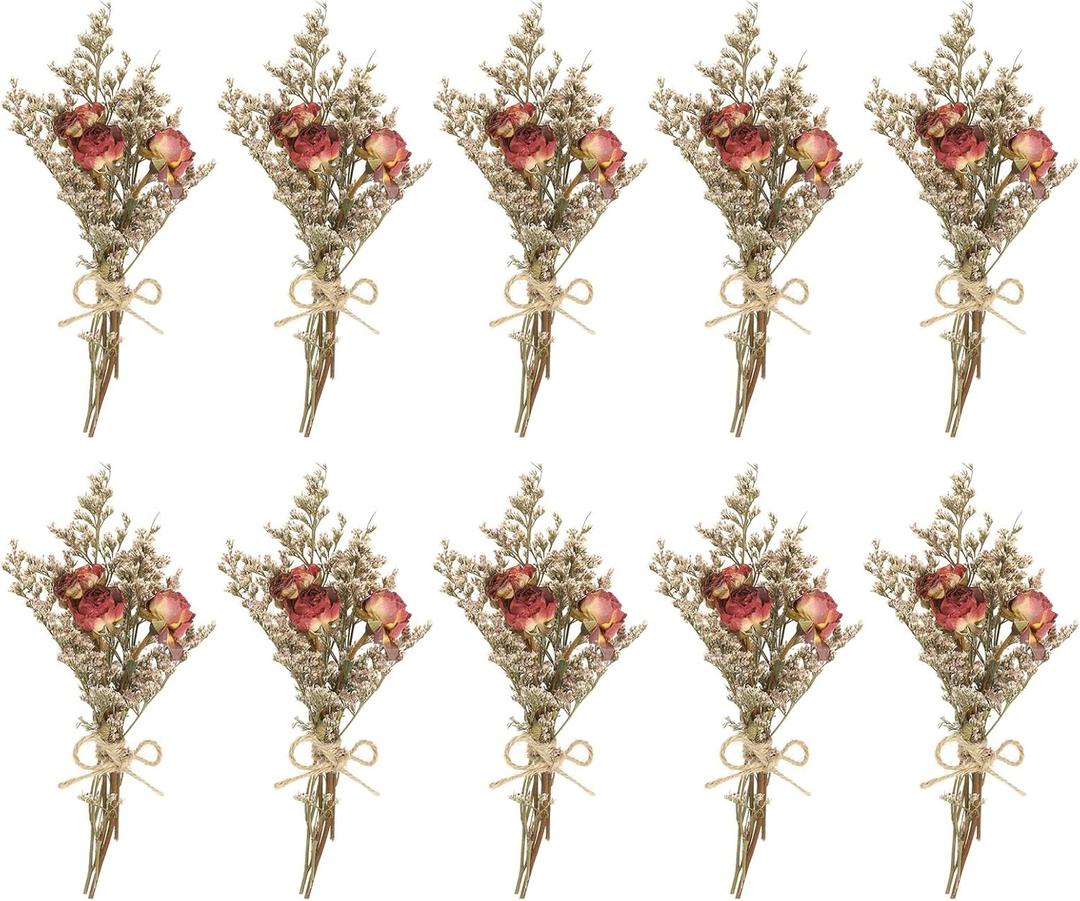 PATIKIL Mini Dried Flower Bouquet, 10 Pcs Rose Natural Wildflower with Stem Decor Baby's Breath Boho Floral Plant Flower for Crafts DIY Photo Props Gift Wedding Decor, Dark Red
