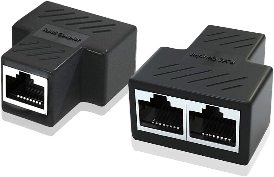 Ethernet Splitter Adapter, 1 to 2 Port, Supports Cat5, Cat5e, Cat6, Cat7 Cables - 2 Pack (Black)