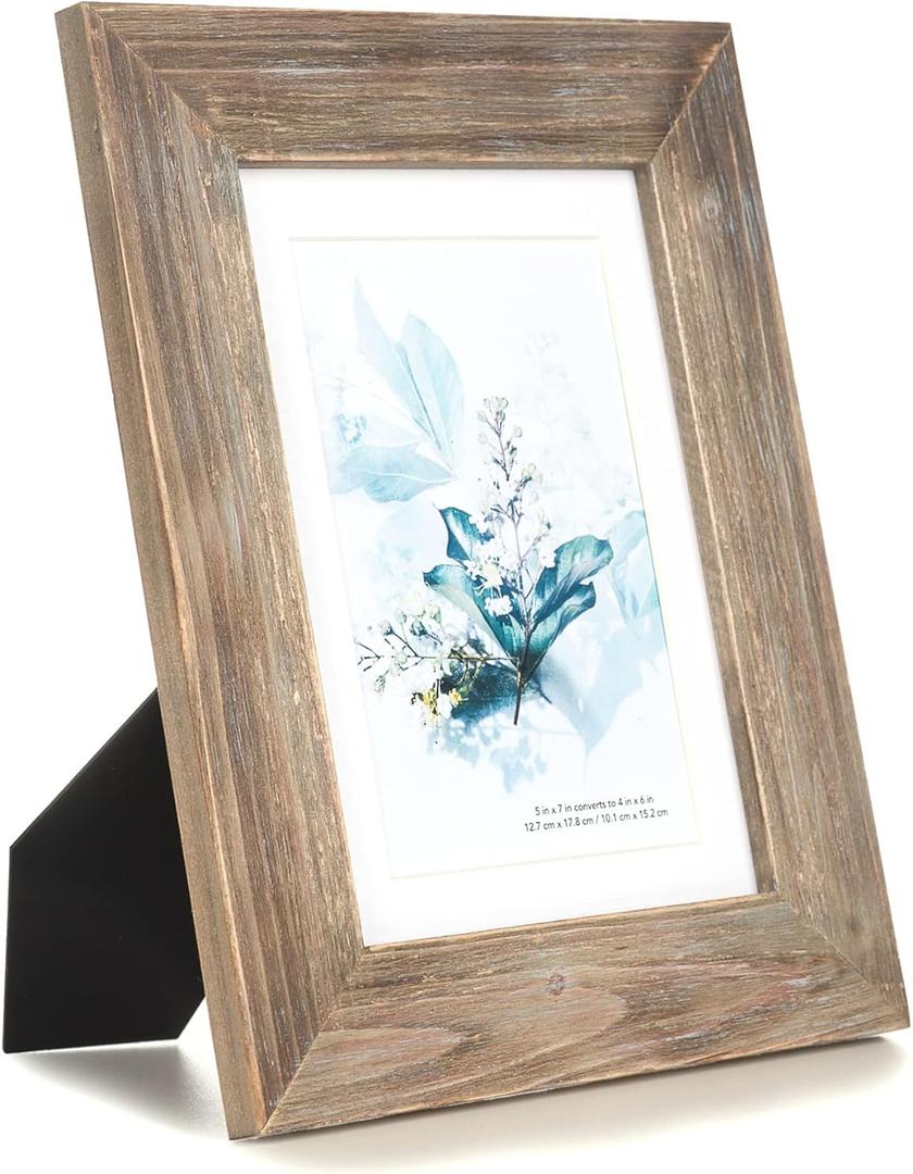 KAIWIN 100% Solid Wood Brown 5x7 Picture Frame 1 Pack - Display Picture 4x6 with Mat, HD Glass Inside, Rustic Wooden Photo Frames for Table Top and Wall Mounting