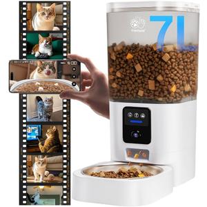 The Frienhund ACF100W Smart Pet Feeder with Camera is a 7-liter automatic pet feeder designed for cats, small dogs, and small pets. It features dual-band Wi-Fi support, a 1080p HD night vision camera, and remote app control.