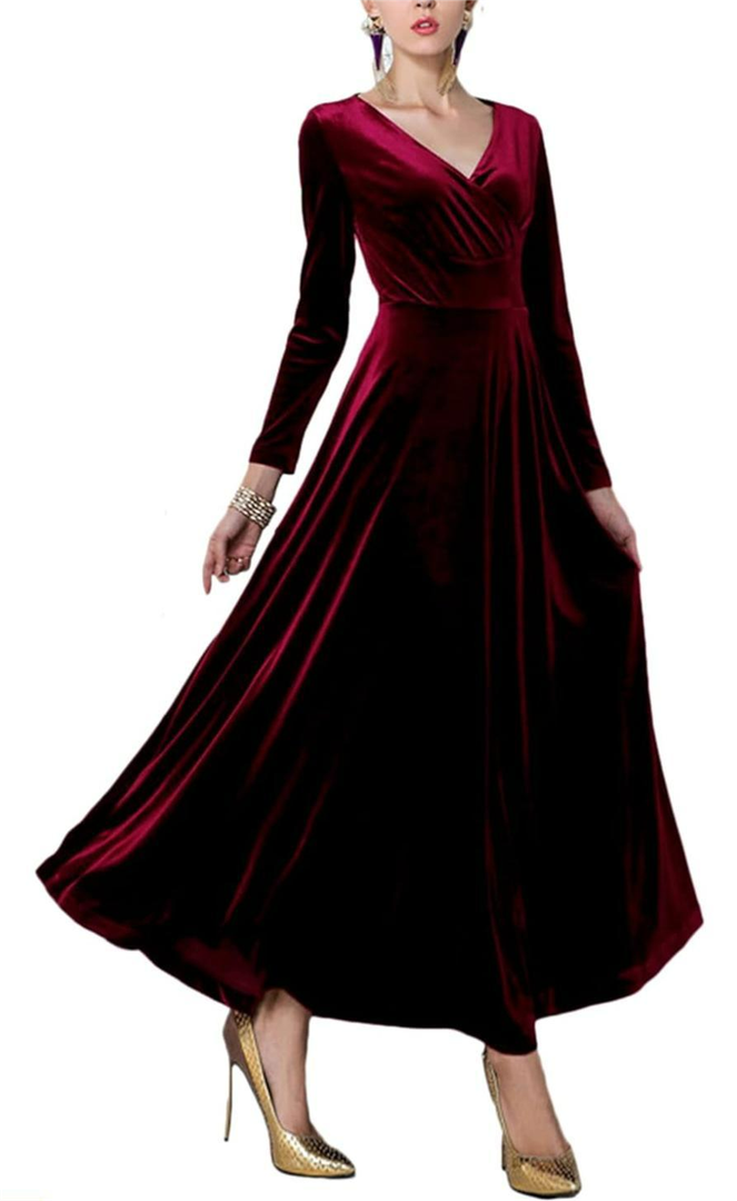 Urban CoCo Women Long Sleeve V-Neck Velvet Stretchy Long Dress, Size M, Burgundy