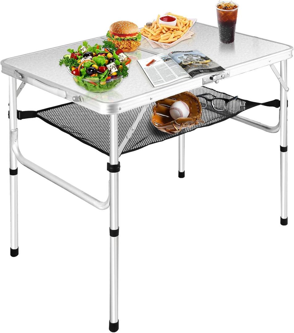 Medium Folding Table,2 Adjustable Height Foldable Table,3Ft Portable Camping Table,Outdoor Folding Table with Net MeshFolding Beach Table,White Metal Folding Table for Patio BBQ Backpacking, M[35"*24"*28"]