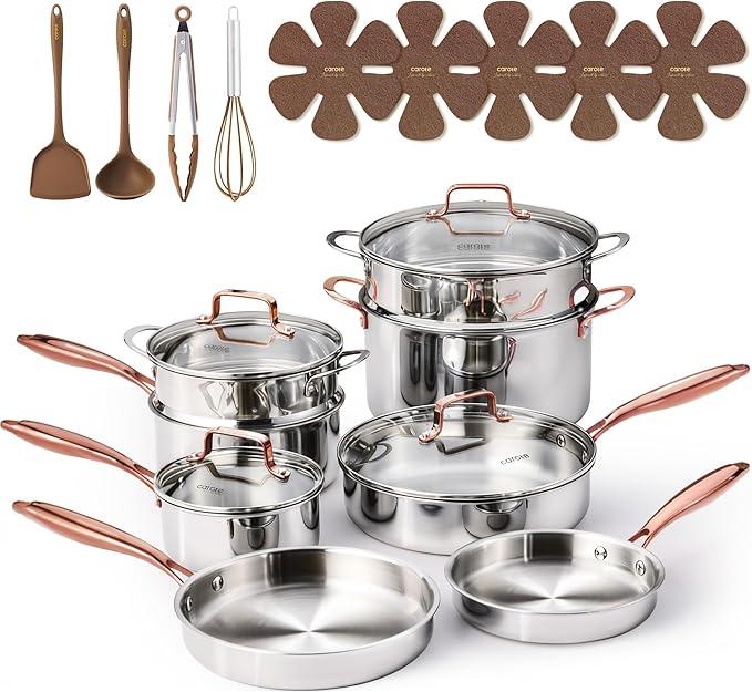 CAROTE 21pcs Tri-Ply Stainless Steel Cookware Set, Pots and Pans Set, Non Toxic Induction Kitchen Cooking Sets, Gold