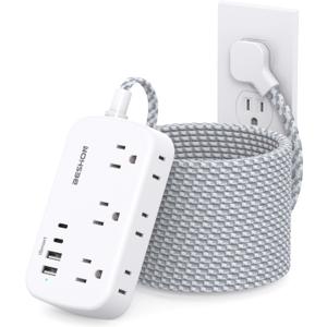 Extension Cord 25 Ft, Flat Plug Power Strip with 6 Outlets with 4 USB Ports(2 USB C), Wall Mount Charging Station, No Surge Protector for Home Office College Dorm Room Travel Essentials (White)