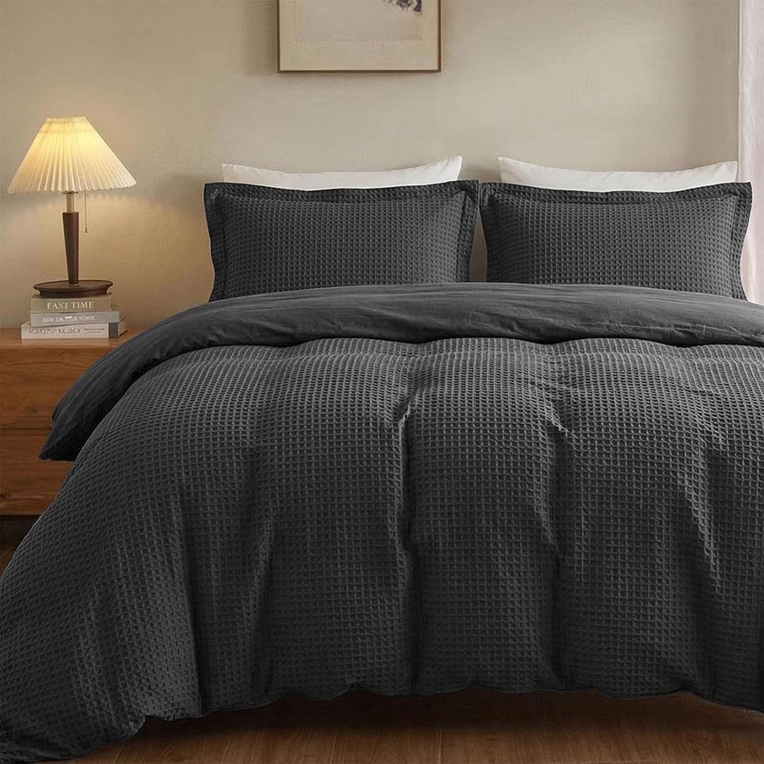 Waffle Weave Cotton Duvet Cover Full Size - 100% Cotton Duvet Cover Set for All Season, Textured PureWoven Breathable Bedding Sets 3 Pcs with 2 Pillow Shams, Zipper, 4 Conner Ties, Dark Grey
