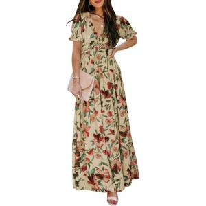 BLENCOT Womens Casual Boho Floral Printed V Neck Short Sleeve Long Evening Dress Ruched Cocktail Party Maxi Wedding Dress (Apricot)