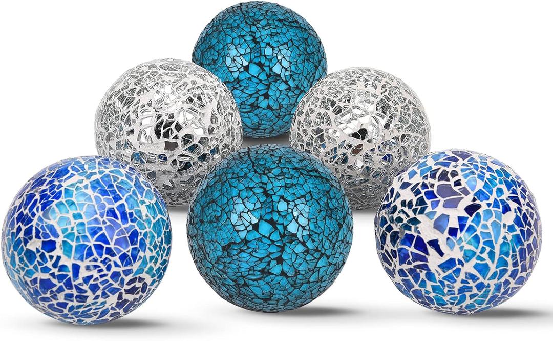 6Pcs Decorative Ball Set - 6cm/2.4inch Mosaic Glass Orbs Centerpiece Balls Decoration for Tables, Wedding Party (Mixed Color)