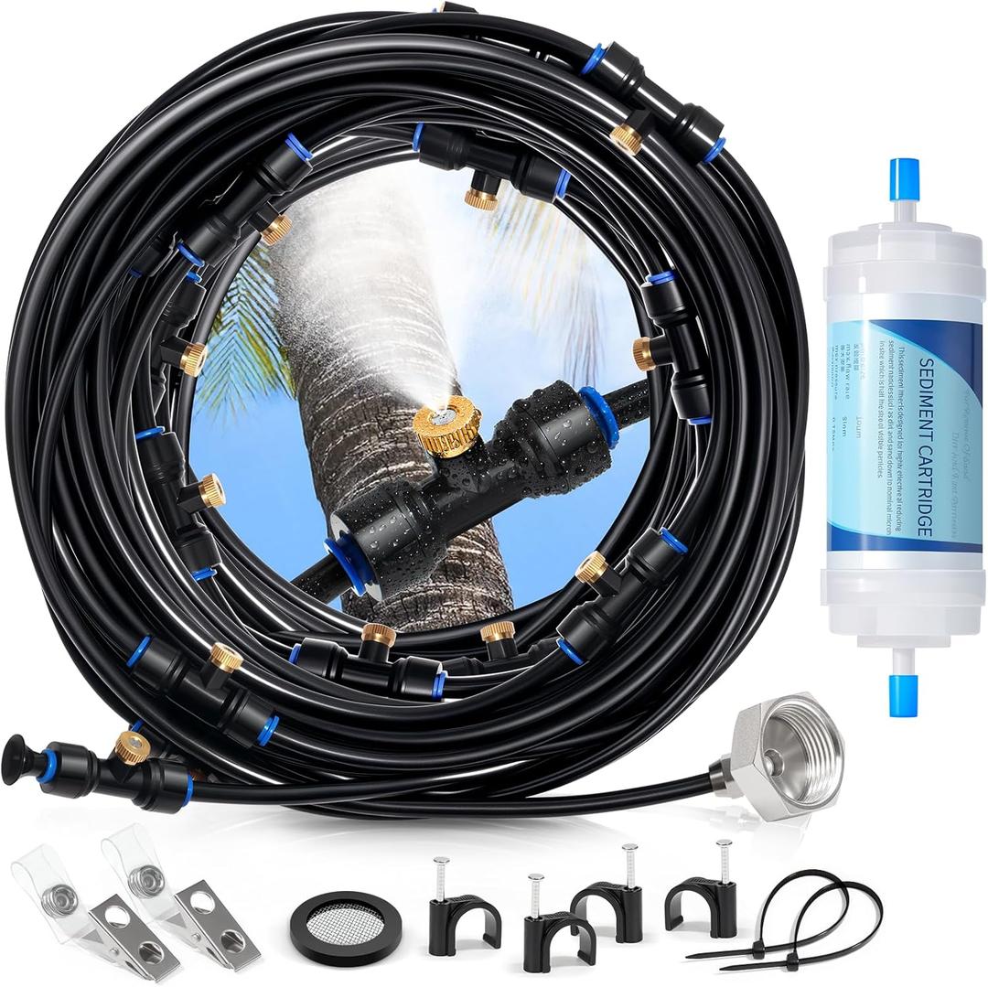 59FT Pre-Assembled Outdoor Misting Cooling System, Nelyeqwo Patio Misters with Water Filter 20 Brass Nozzles 3/4" Adapter Outdoor Misters for Patio Garden, Greenhouse, Trampoline, Backyard, Porch