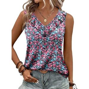 KISSMODA Womens Summer Tank Tops Casual Sleeveless Solid Printed Tunic Top Loose Fit V Neck Shirts, Size: XXL