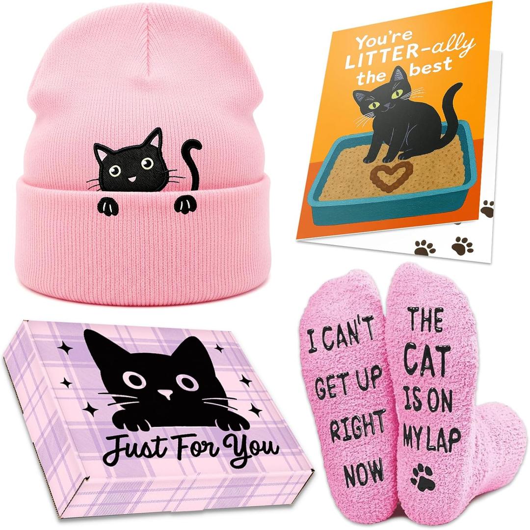 Cat Lover Gifts for Women, Cute Cat Beanie Hat and Funny Socks, Christmas Stocking Stuffers for Mom (Pink)