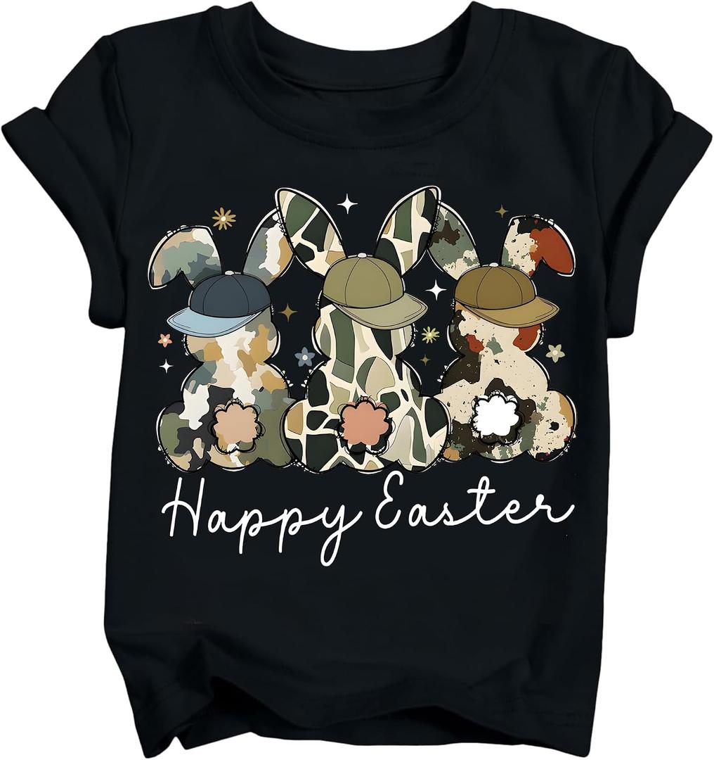 Boys Easter Shirt Toddler Bunny Rabbit & Egg Hunt Graphic T-Shirts Kids Happy Easter Lettering Tops 2026 (3T-10T) (Black)