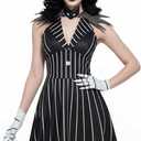 Poboola Christmas Night Jack Cosplay Costume Women Gothic Black Dress Stripe V-neck Bowtie Halloween Fancy Dress Outfit (Black, L)