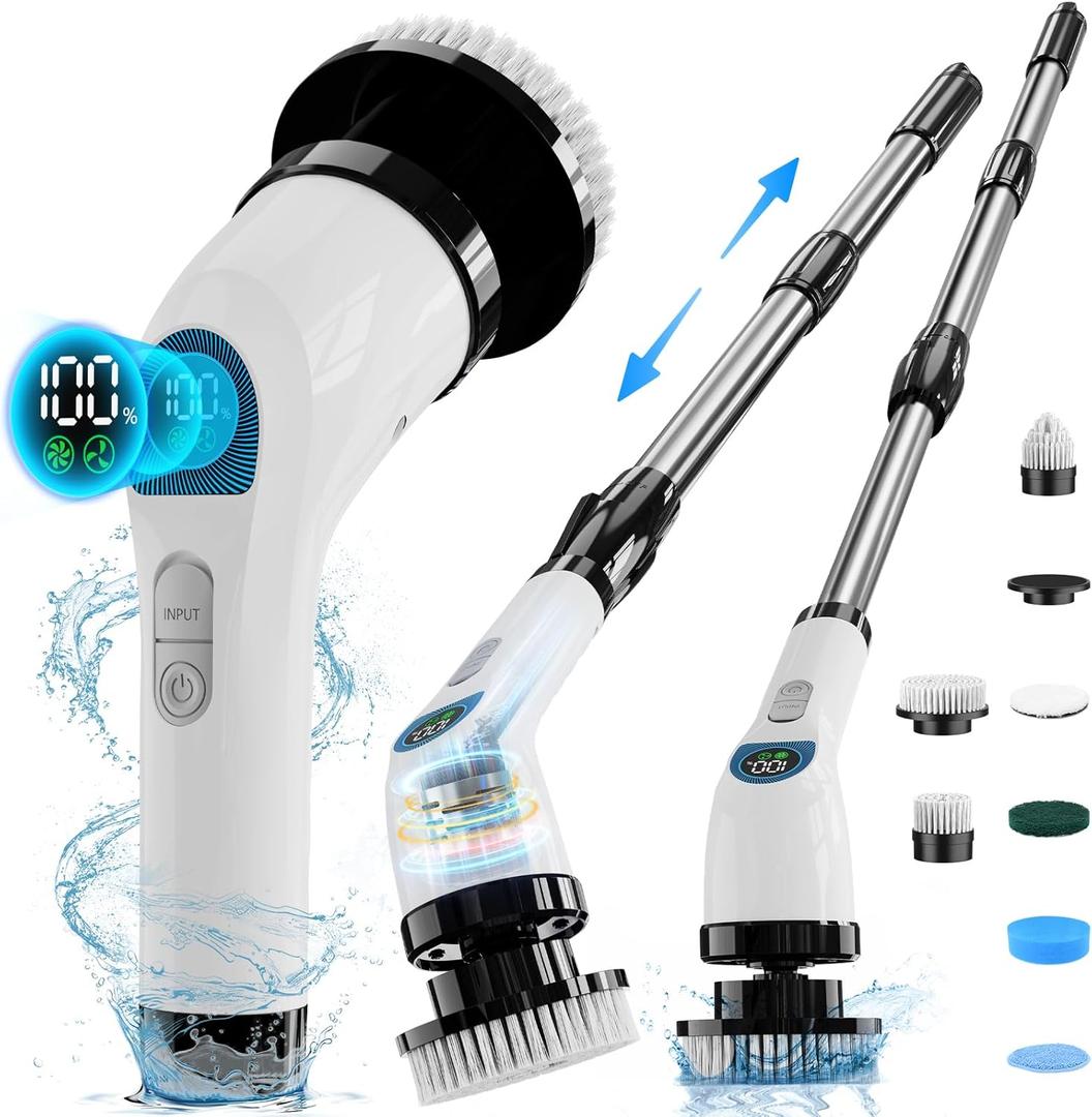 Electric Spin Scrubber, Cordless Cleaning Brush with 10 Cleaning Tools, 2H Long Battery Life, Adjustable Handle, IPX7 Waterproof Power Scrubber for Bathroom, Tub, Tile, and Car Cleaning (White)