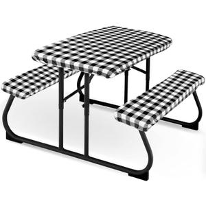 3 Pieces Picnic Table Cover for Kids with Bench Covers Fitted Tablecloth for Outdoors Vinyl Waterproof cloth for Camping Home Goods Indoor Outdoor Patio BBQ(Black, White)
