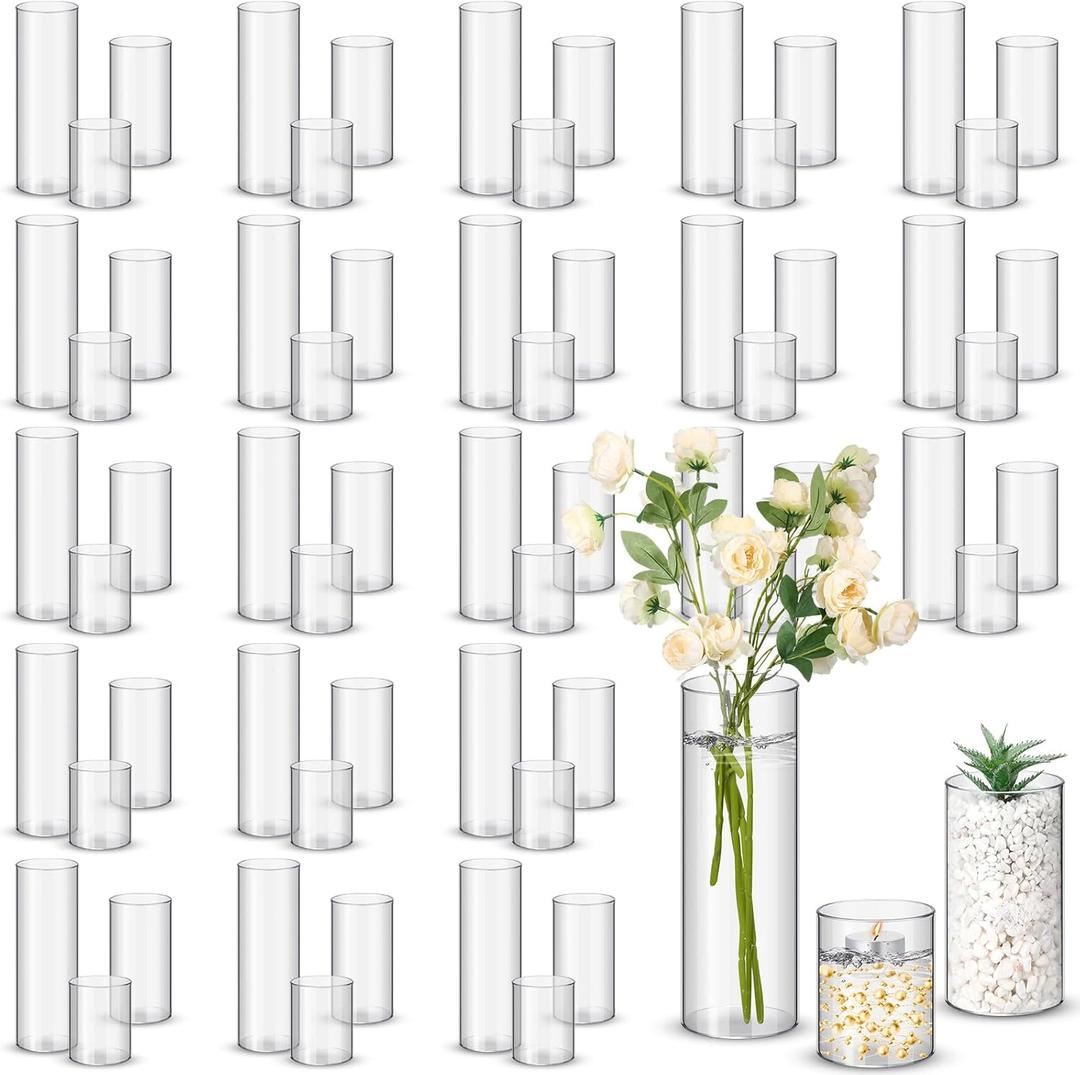 Nuogo 60 Pcs Plastic Cylinder Vases Tall Clear Vases for Flower Centerpieces Hurricane Candle Holder for Home Wedding Office Party Formal Dinners Decorations (4''/6''/8'')