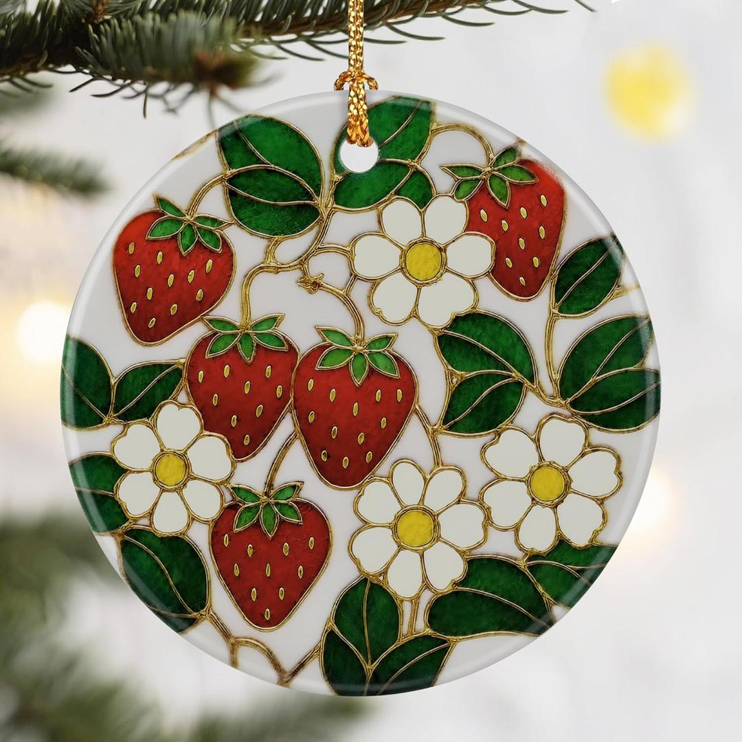 Christmas Ornaments, Dodosky 2.8in Ceramic Strawberry Flower Ornament, Xmas Decor, Christmas Tree Ornaments, Xmas Decorations for Tree, Holiday Ornament, Gift Ideas, Gifts for Mom & Grandma