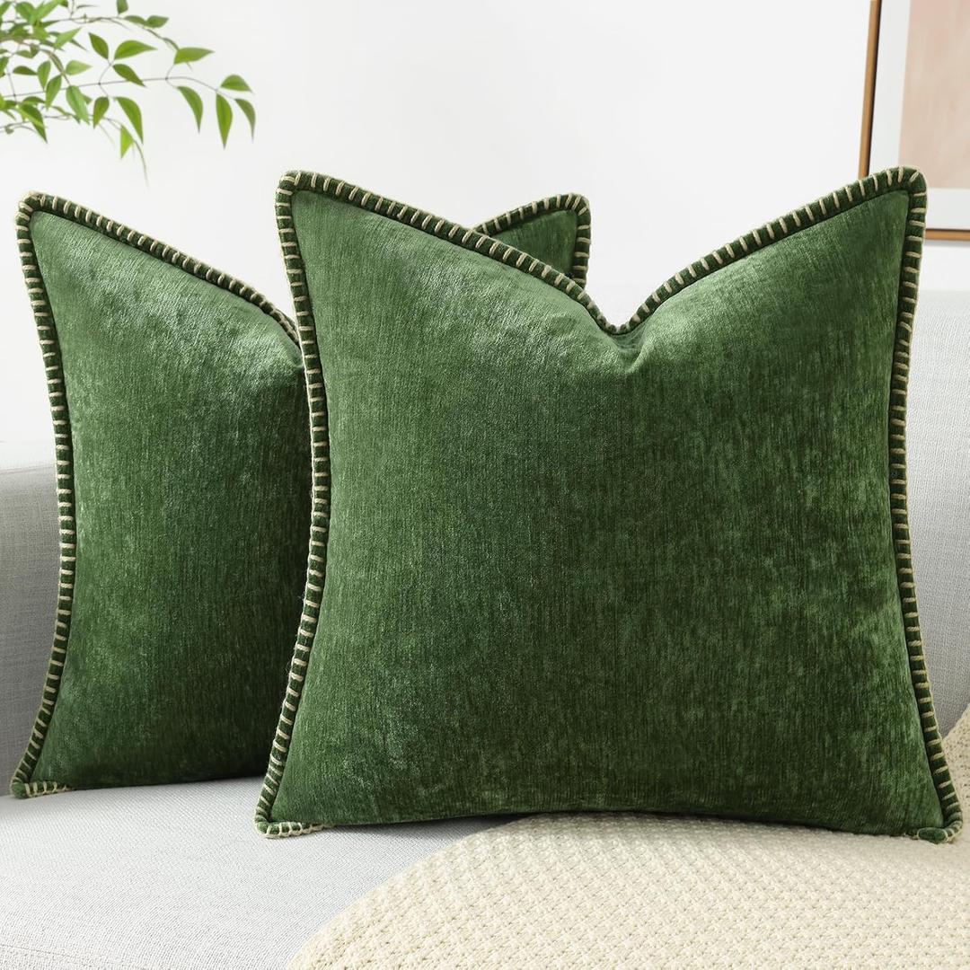 decorUhome Chenille Soft Spring Throw Pillow Covers 18x18 Set of 2, Farmhouse Velvet Decorative Pillow Covers with Stitched Edge for Couch Sofa Bed, Forest Elf (18" x 18" (Pack of 2))